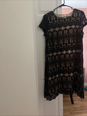love, Fire Black Lace Overlay Midi Dress with Nude Lining